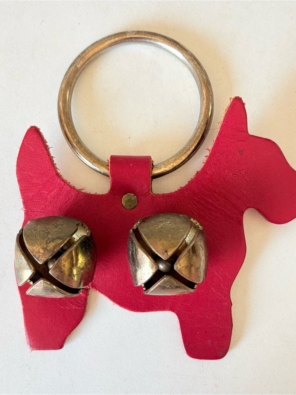 Vintage Terrier Door Knob Bell Hanger 6" Leather Metal Red Dog Figure